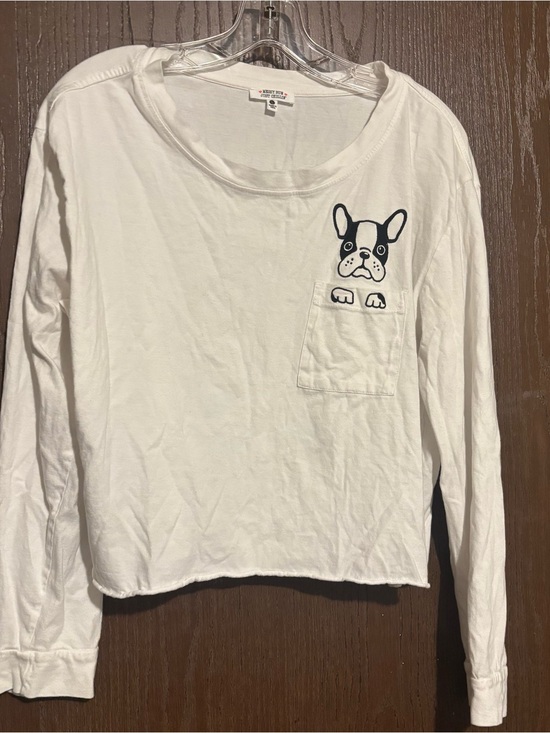 Messy Bun Just Chillin Tops - White Long Sleeve Pocket Tee with Black French Bulldog Graphic